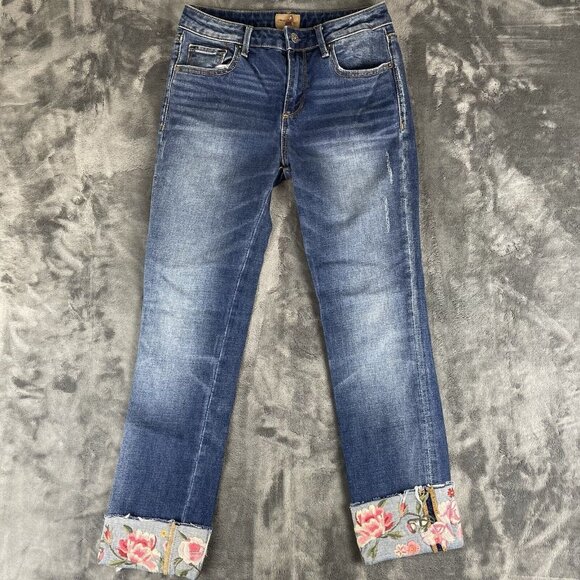 Driftwood Colette Cuffed Cropped Jeans Women's 26 Embroidered Floral Mid Rise - Picture 1 of 12